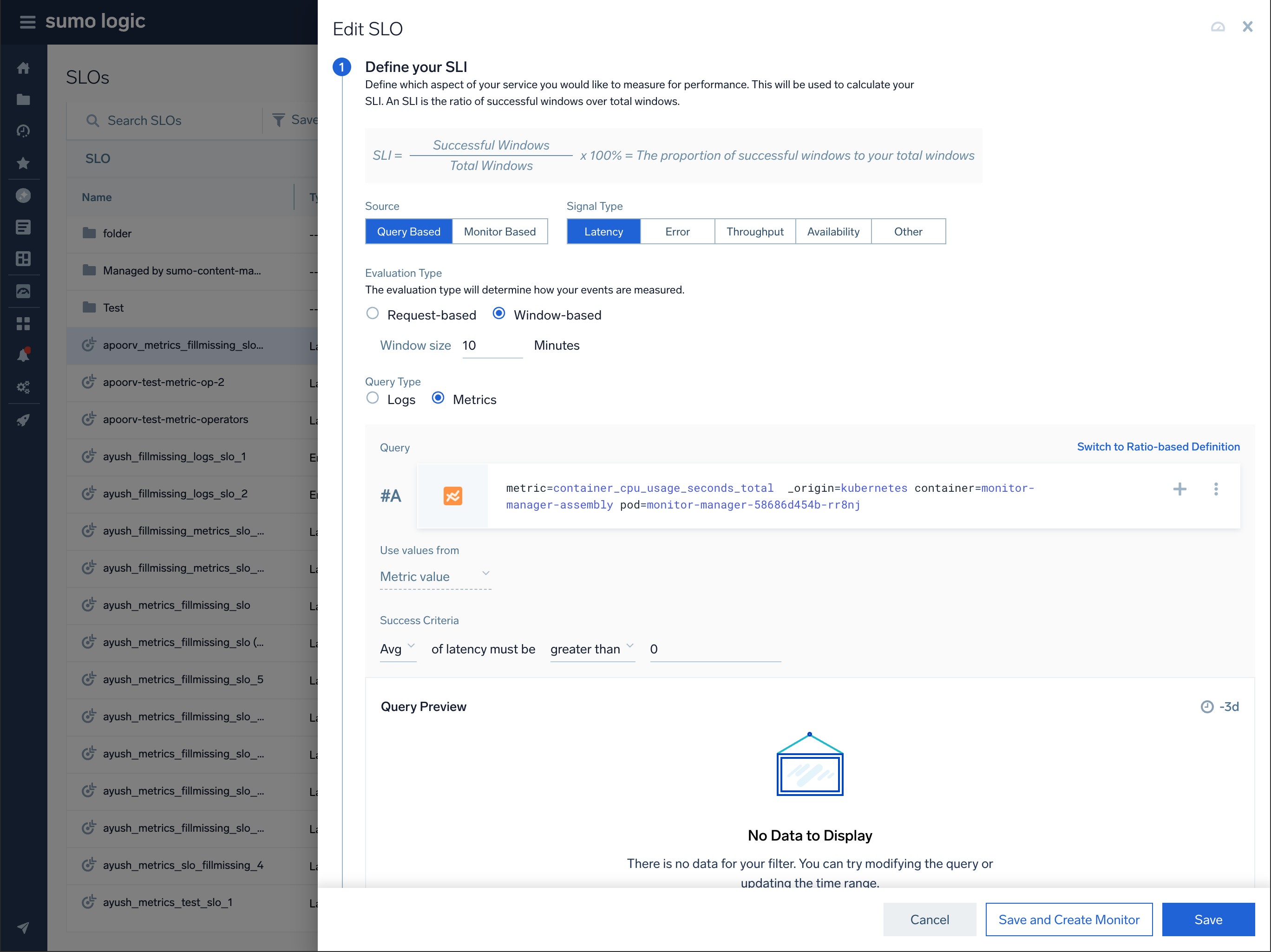 SLO configuration interface